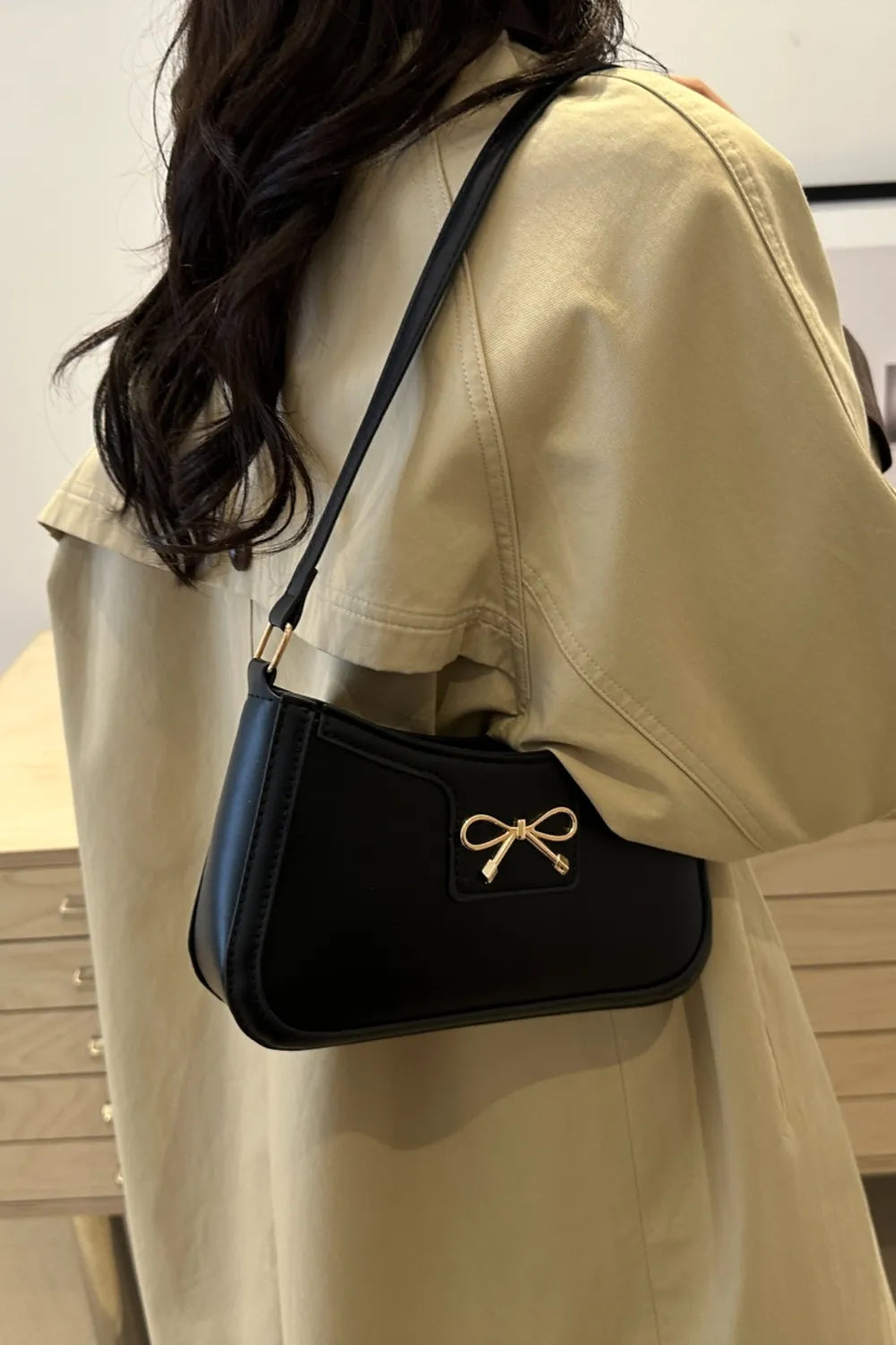 Bow Trim PU Leather Shoulder Bag - Roe Creation