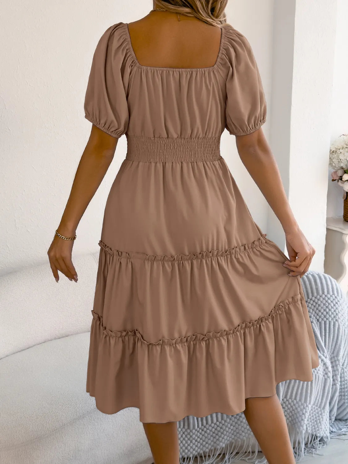 Square Neck Short Puff Sleeve Dress - Roe Creation