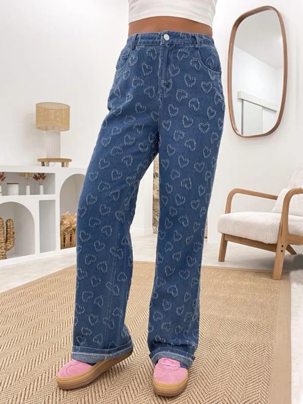 Heart Washed straight Leg Jeans - Roe Creation