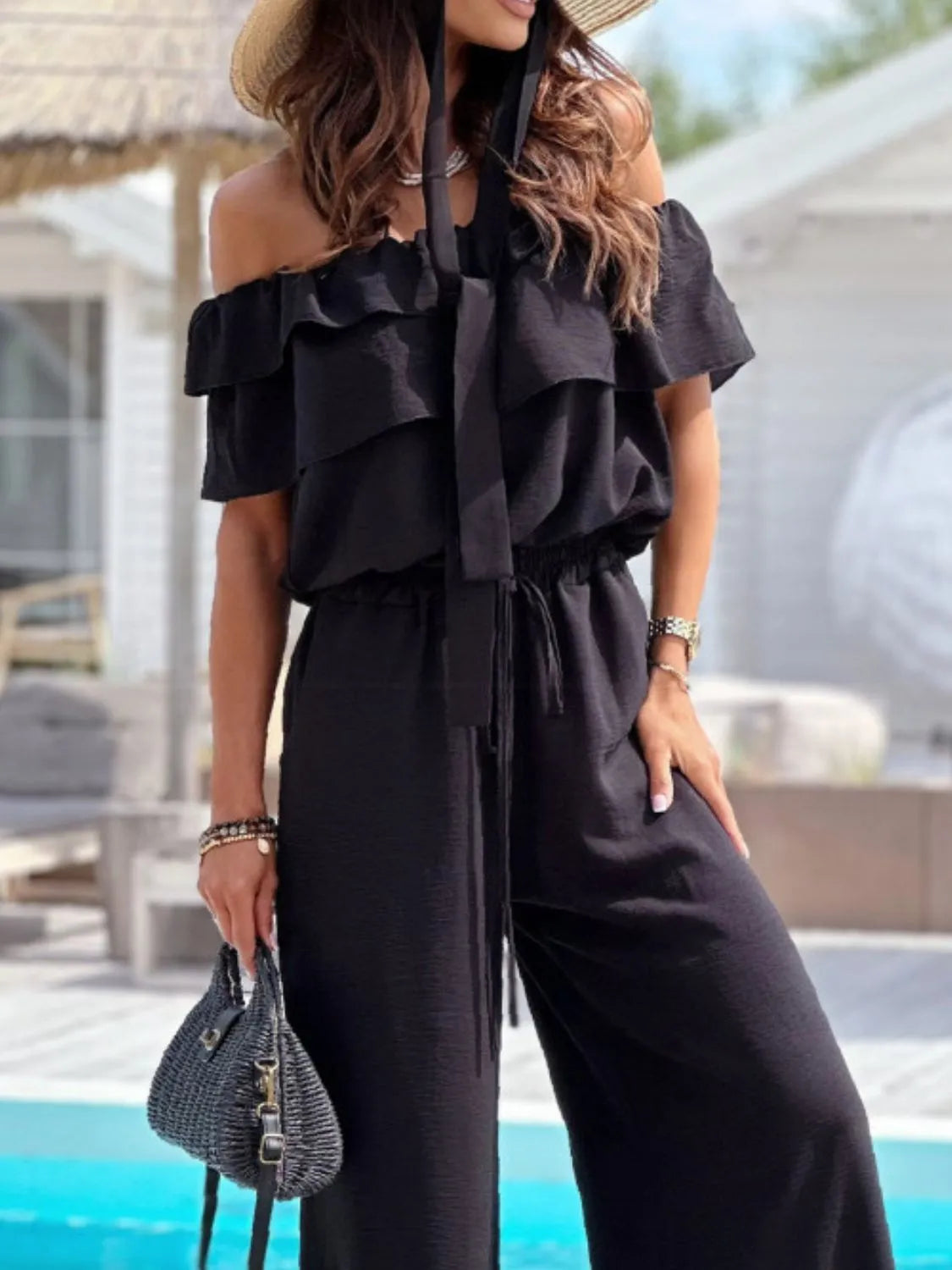 Off-Shoulder Ruffled Wide Leg Jumpsuit - Roe Creation