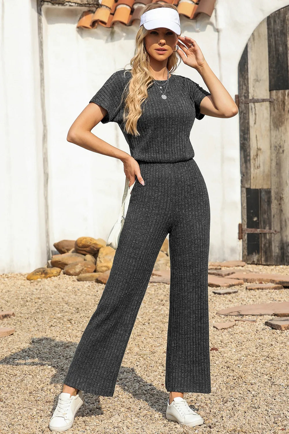 Ribbed Short Sleeve Wide Leg Jumpsuit - Roe Creation