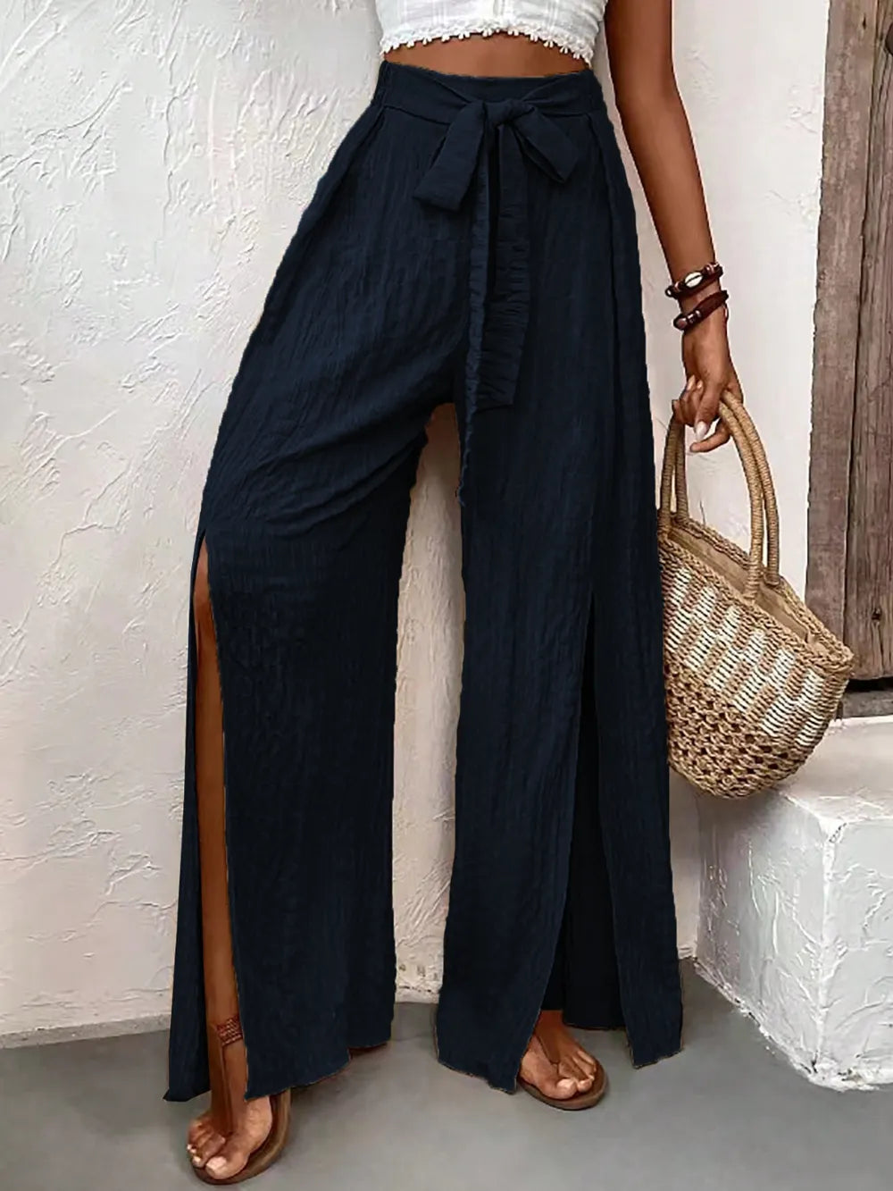 Honey Tied Slit Wide Leg Pants - Roe Creation