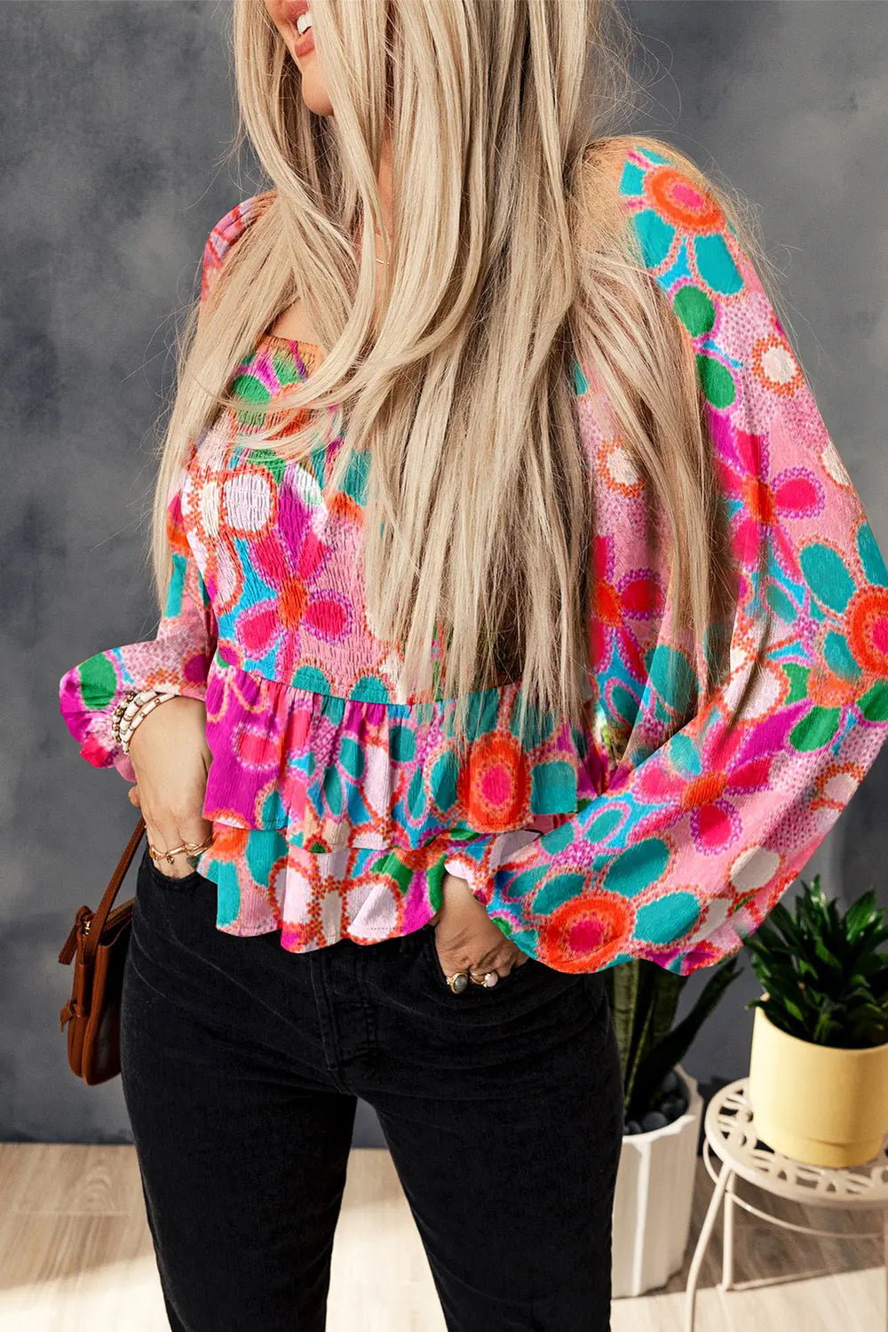 Floral Smocked Ruffled Balloon Sleeve Blouse - Roe Creation