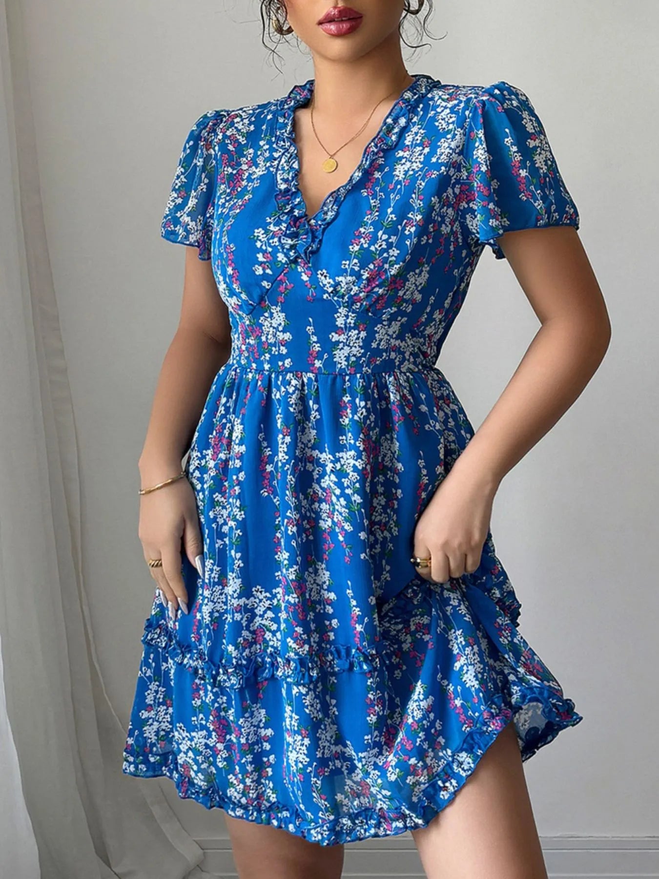 Floral Wrap Dress with Flutter Sleeves - Roe Creation