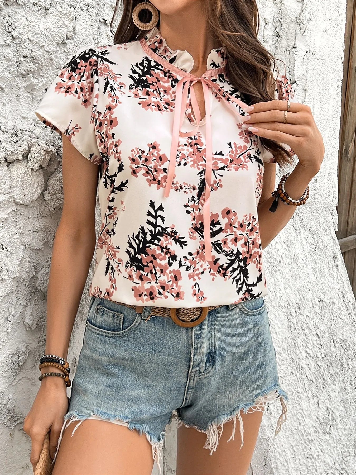 Floral Tie Neck Short Sleeve Blouse - Roe Creation