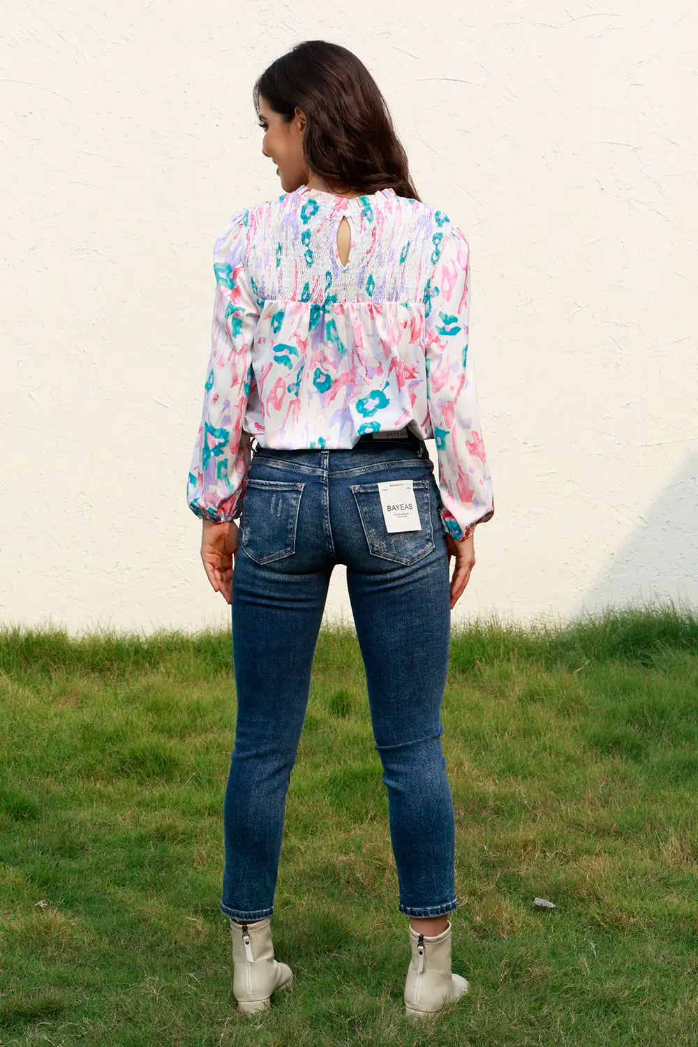 Floral Smocked Round Neck Blouse with Balloon Sleeves - Roe Creation