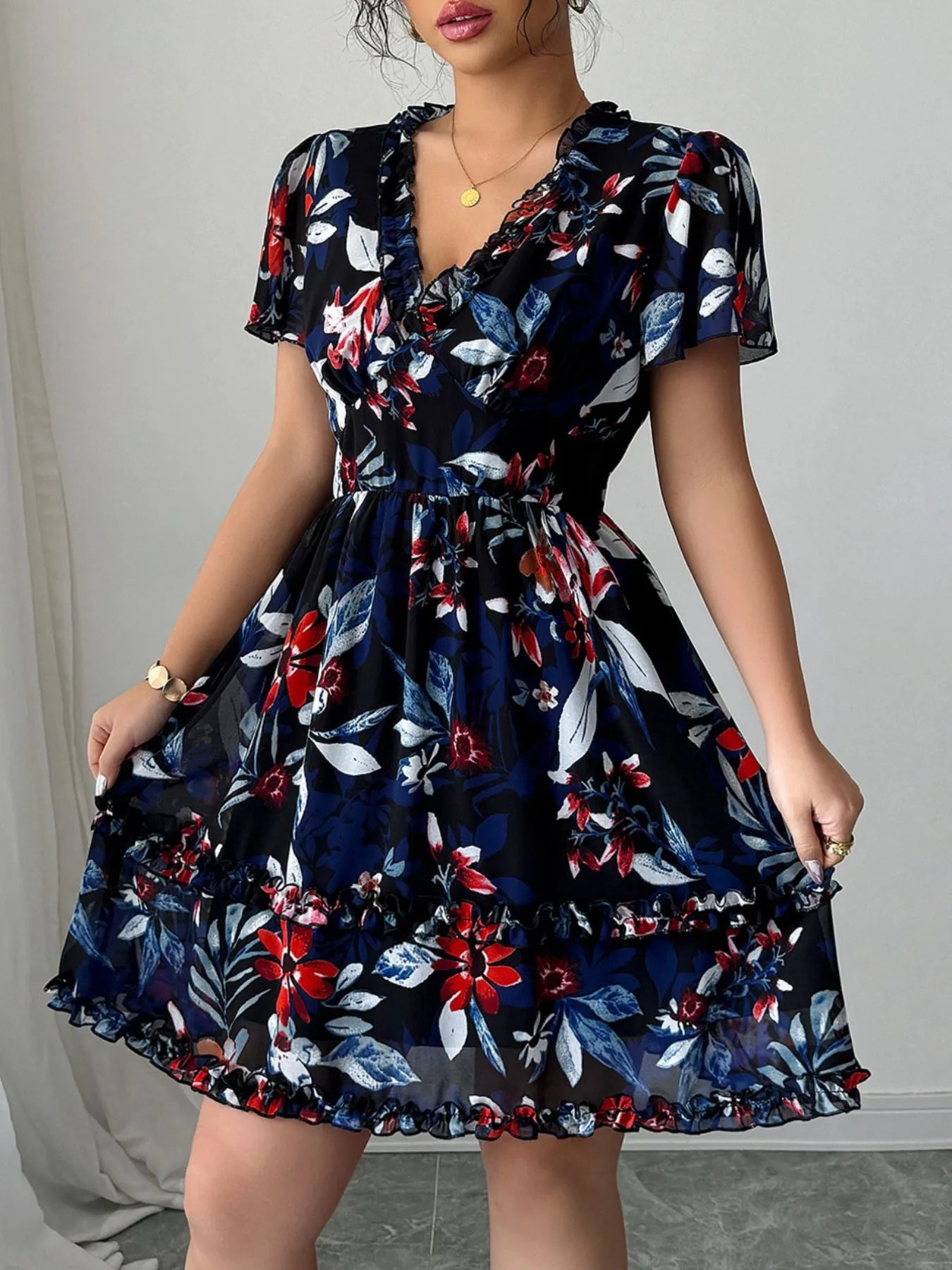 Floral Wrap Dress with Flutter Sleeves - Roe Creation