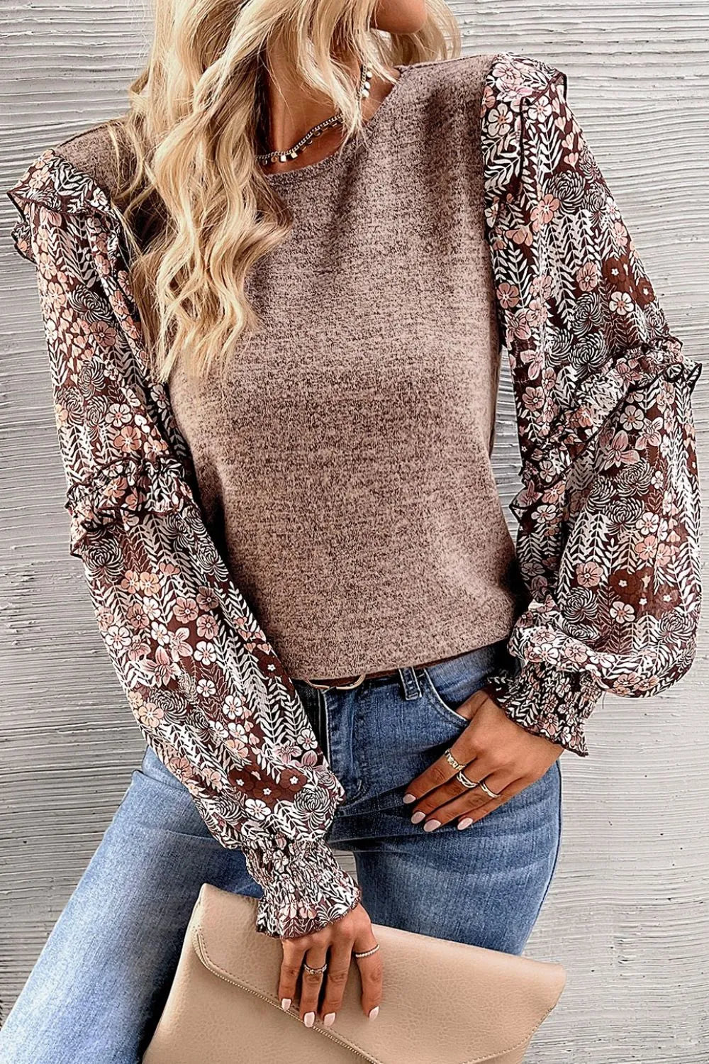Heathered Floral Frill Lantern Sleeve Blouse - Roe Creation
