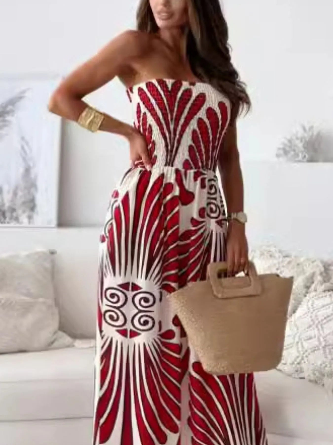 Printed Smocked Tube Wide Leg Jumpsuit - Roe Creation