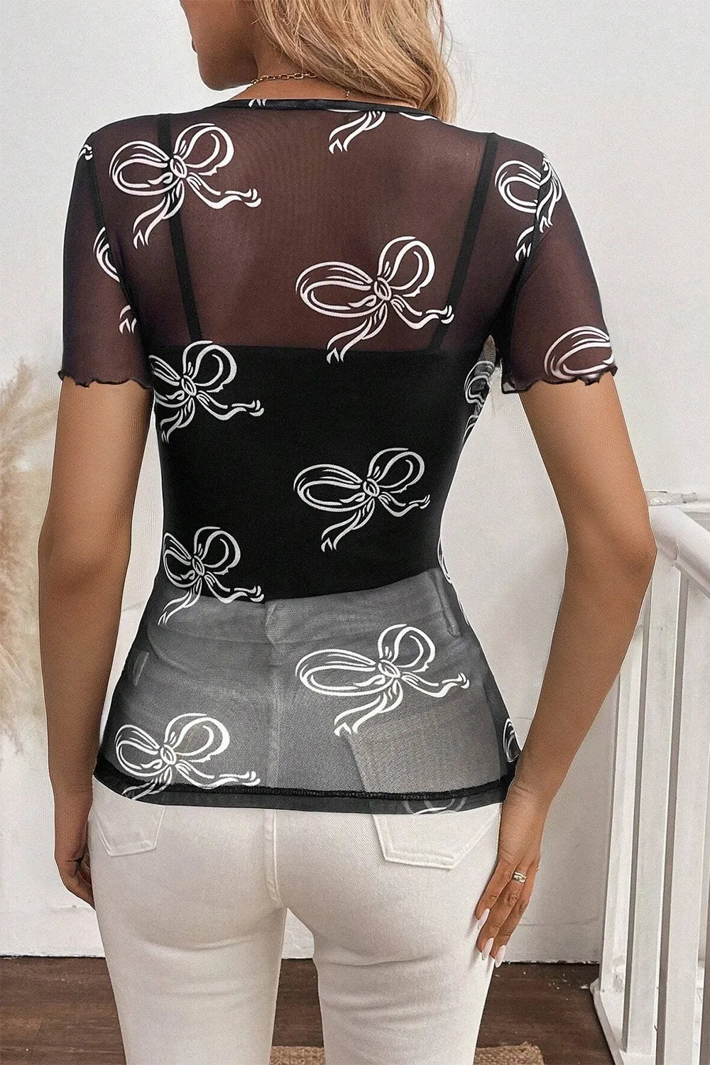 Bow Mesh Round Neck Short Sleeve T-Shirt - Roe Creation