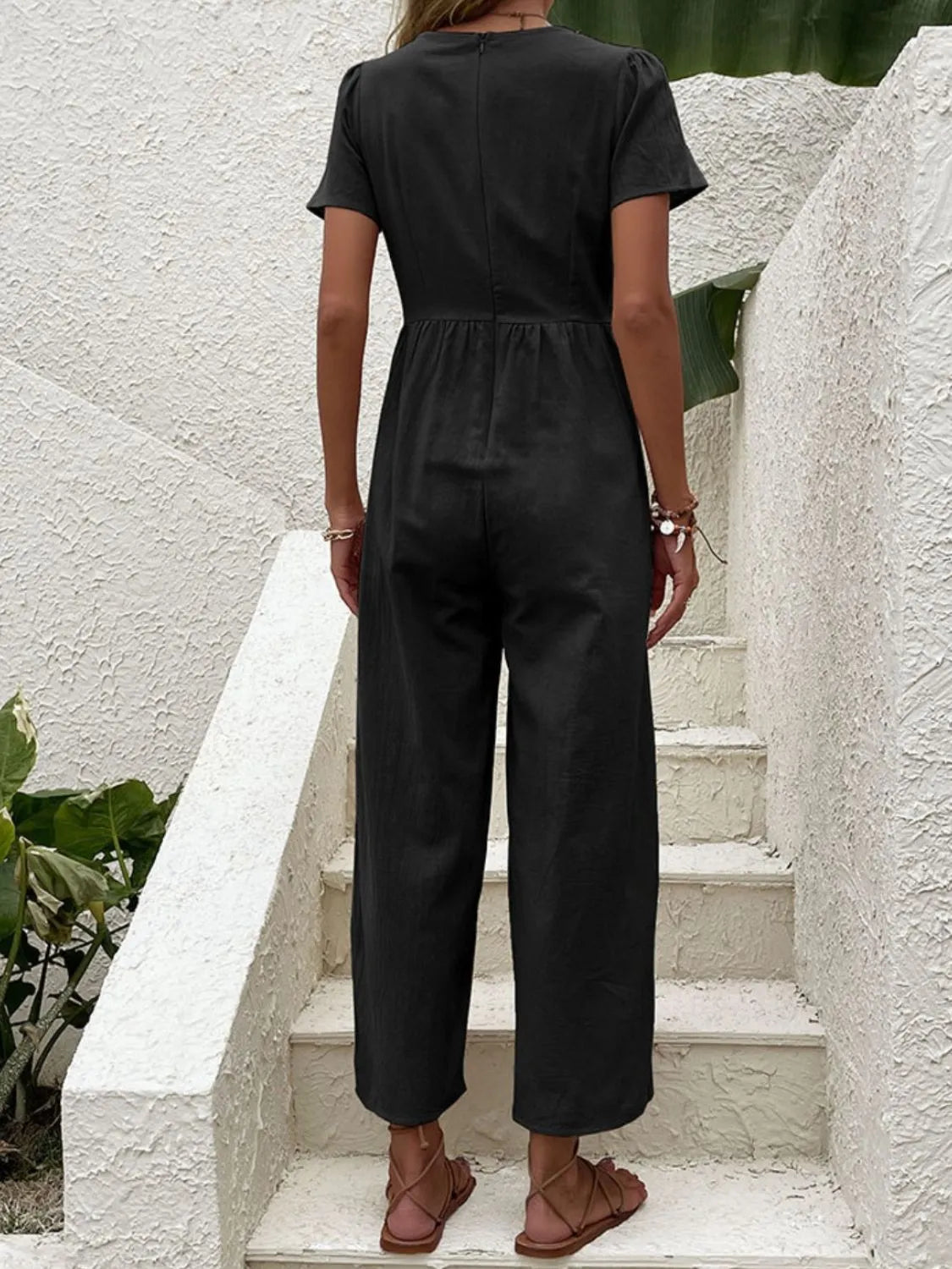 V-Neck Short Sleeve Wide Leg Jumpsuit - Roe Creation