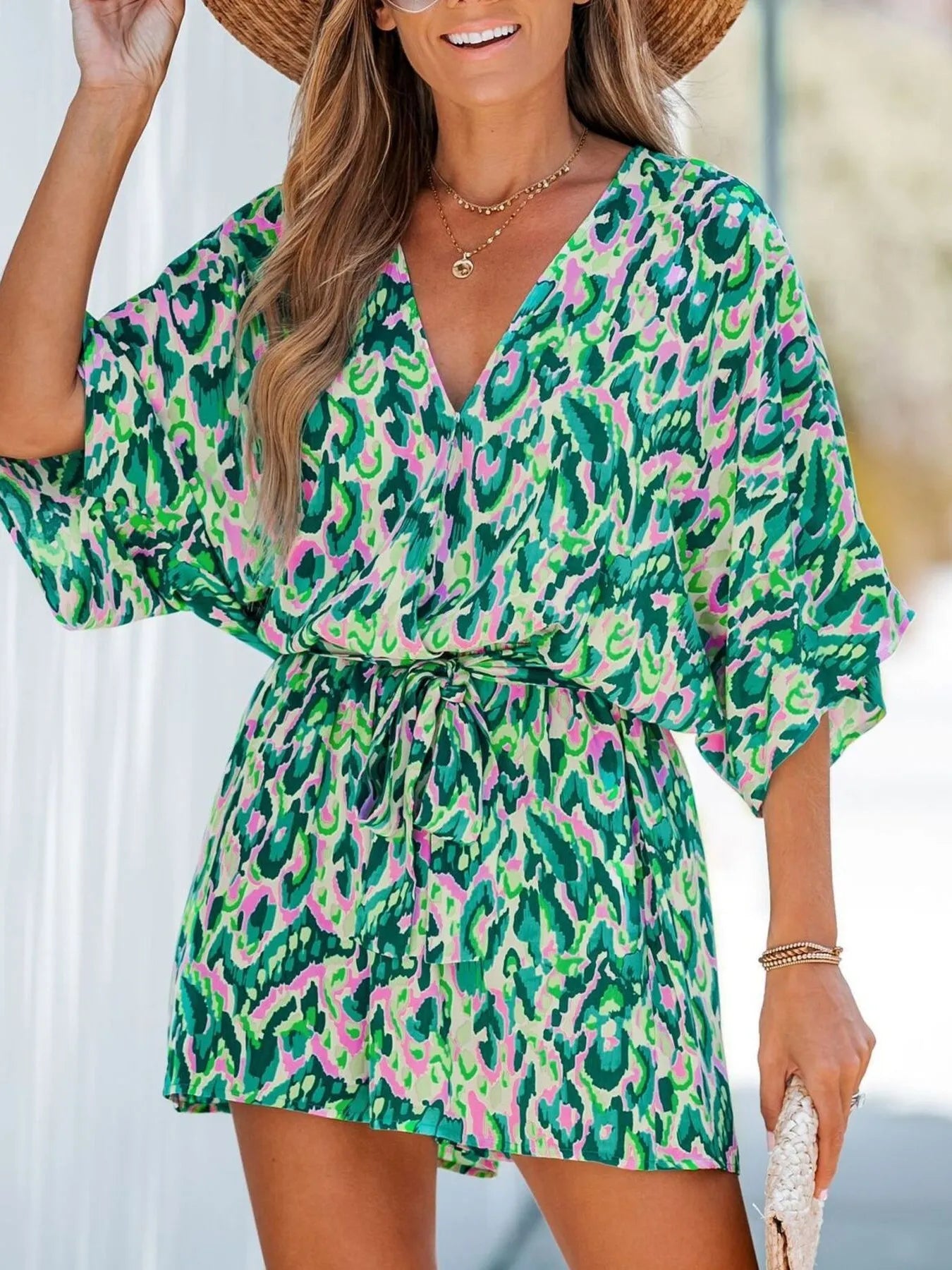 Bohemian Floral Print V-Neck Batwing Sleeve Romper - Roe Creation