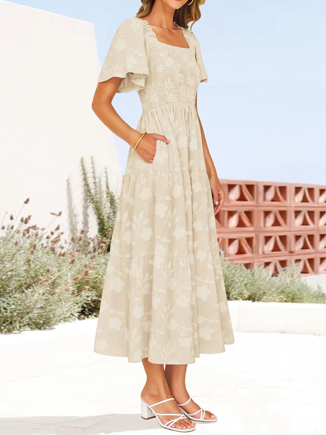 Smocked Square Neck Short Sleeve Dress - Roe Creation