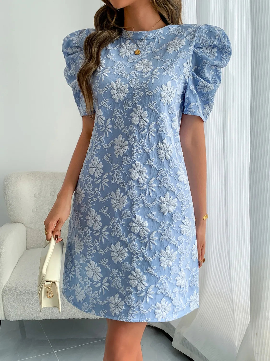 Round Neck Puff Short Sleeve Mini Dress - Roe Creation