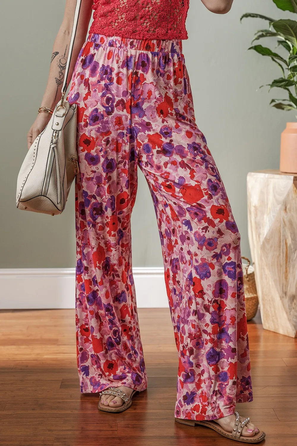 Floral Wide Leg Elastic High Waist Pants - Roe Creation