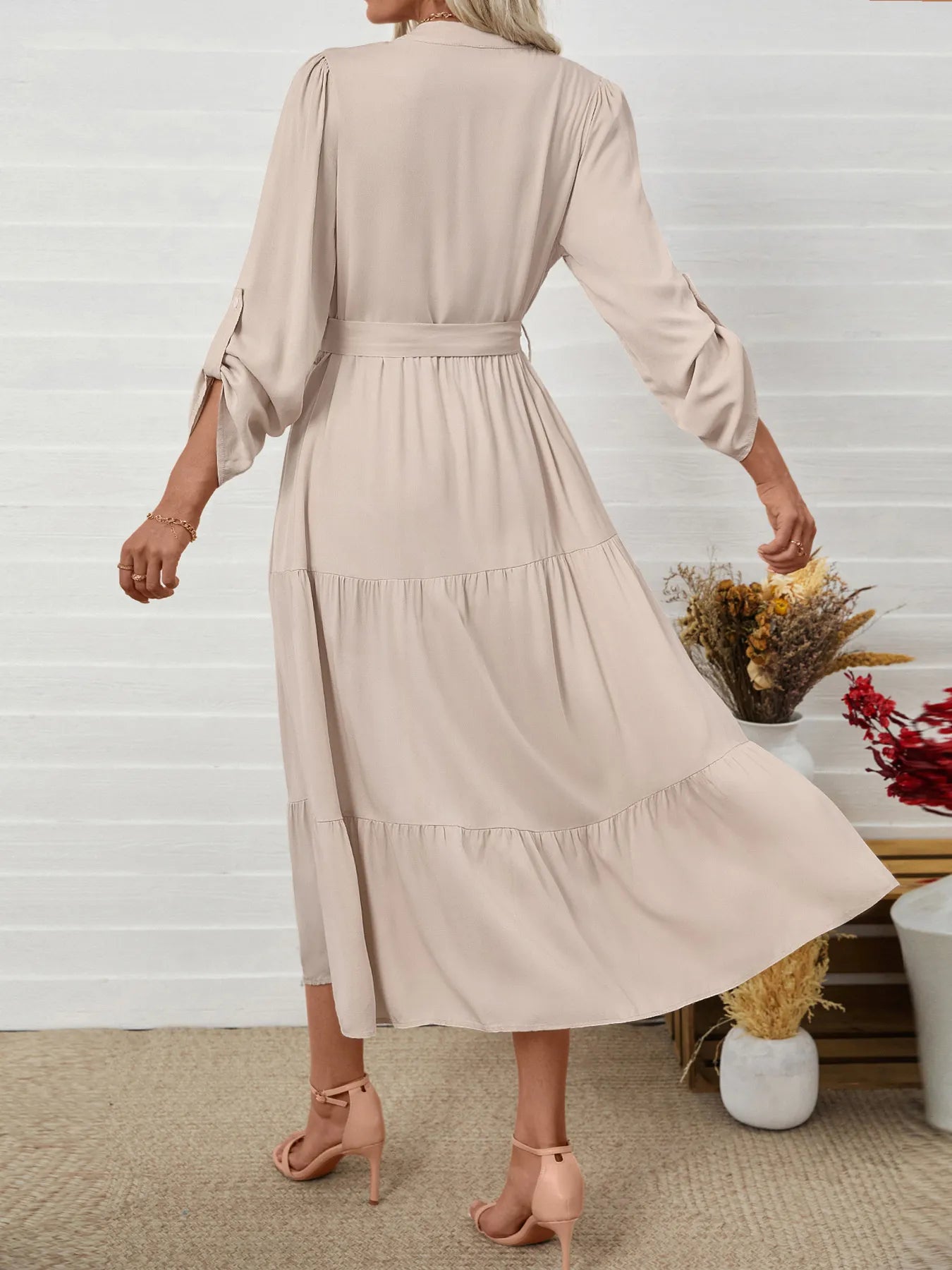 Tiered Notched Belted Midi Dress - Roe Creation