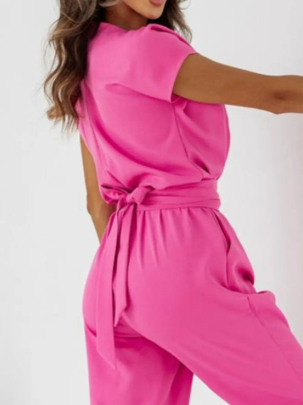 Surplice Cap Sleeve Tie Waist Jumpsuit - Roe Creation
