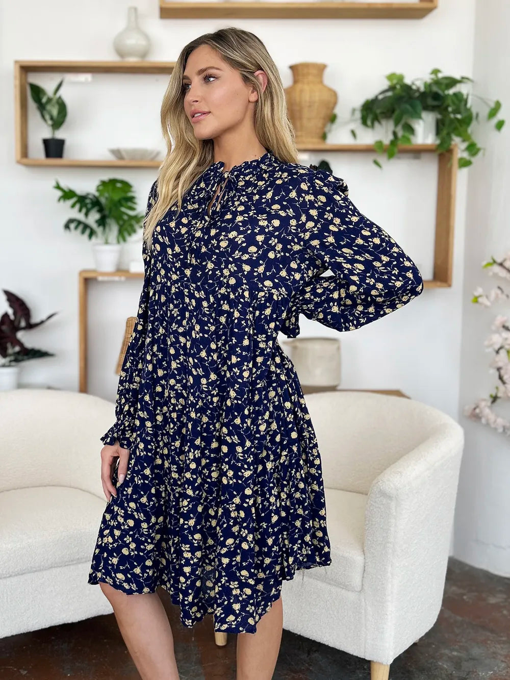 Double Take Full Size Printed Ruffle Hem Long Sleeve Tiered Dress - Roe Creation