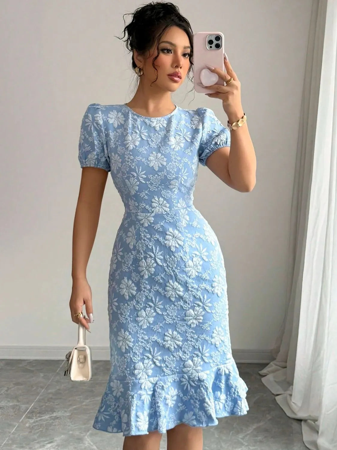 Floral Short Sleeve Dress with Ruffled Hem - Roe Creation