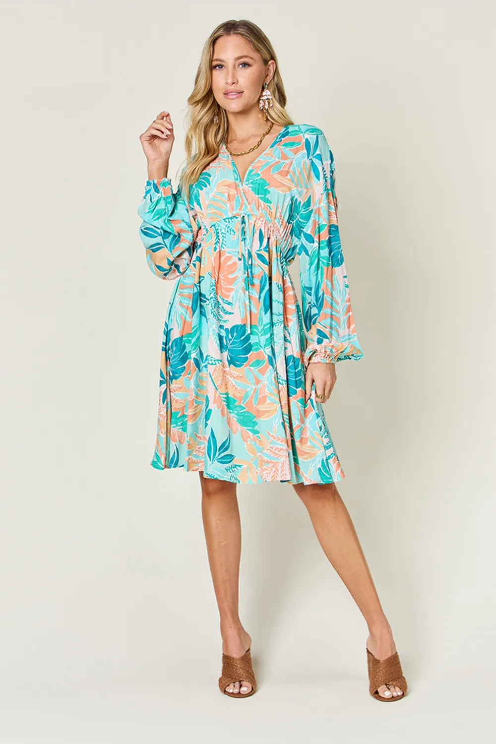 Double Take Full Size Printed V-Neck Drawstring Dress - Roe Creation