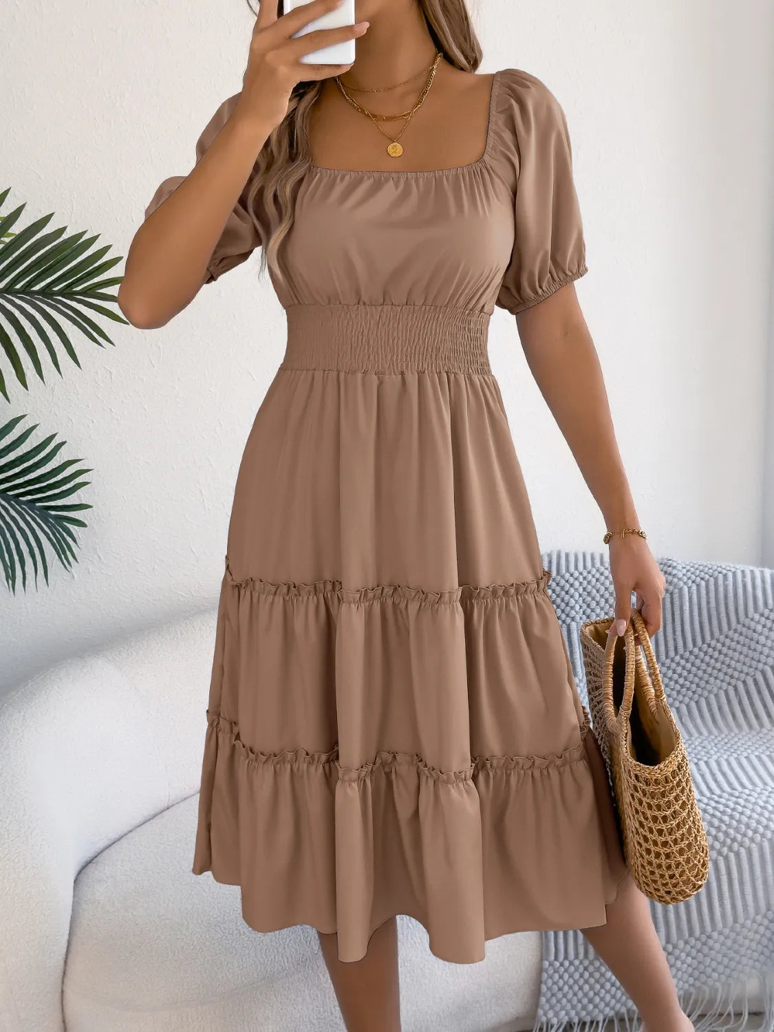 Square Neck Short Puff Sleeve Dress - Roe Creation