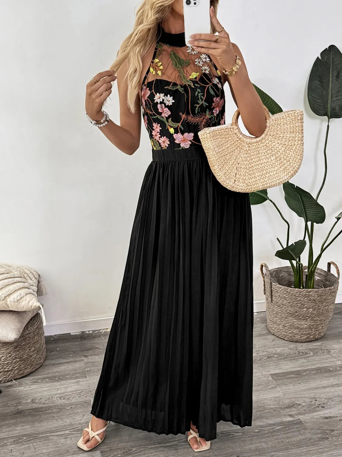 Floral Embroidered Halter Neck Pleated Jumpsuit - Roe Creation