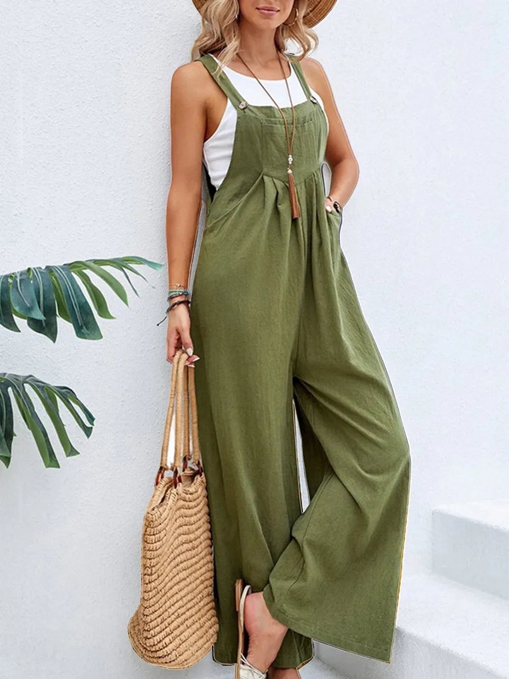Full Size Square Neck Wide Strap Overalls - Roe Creation