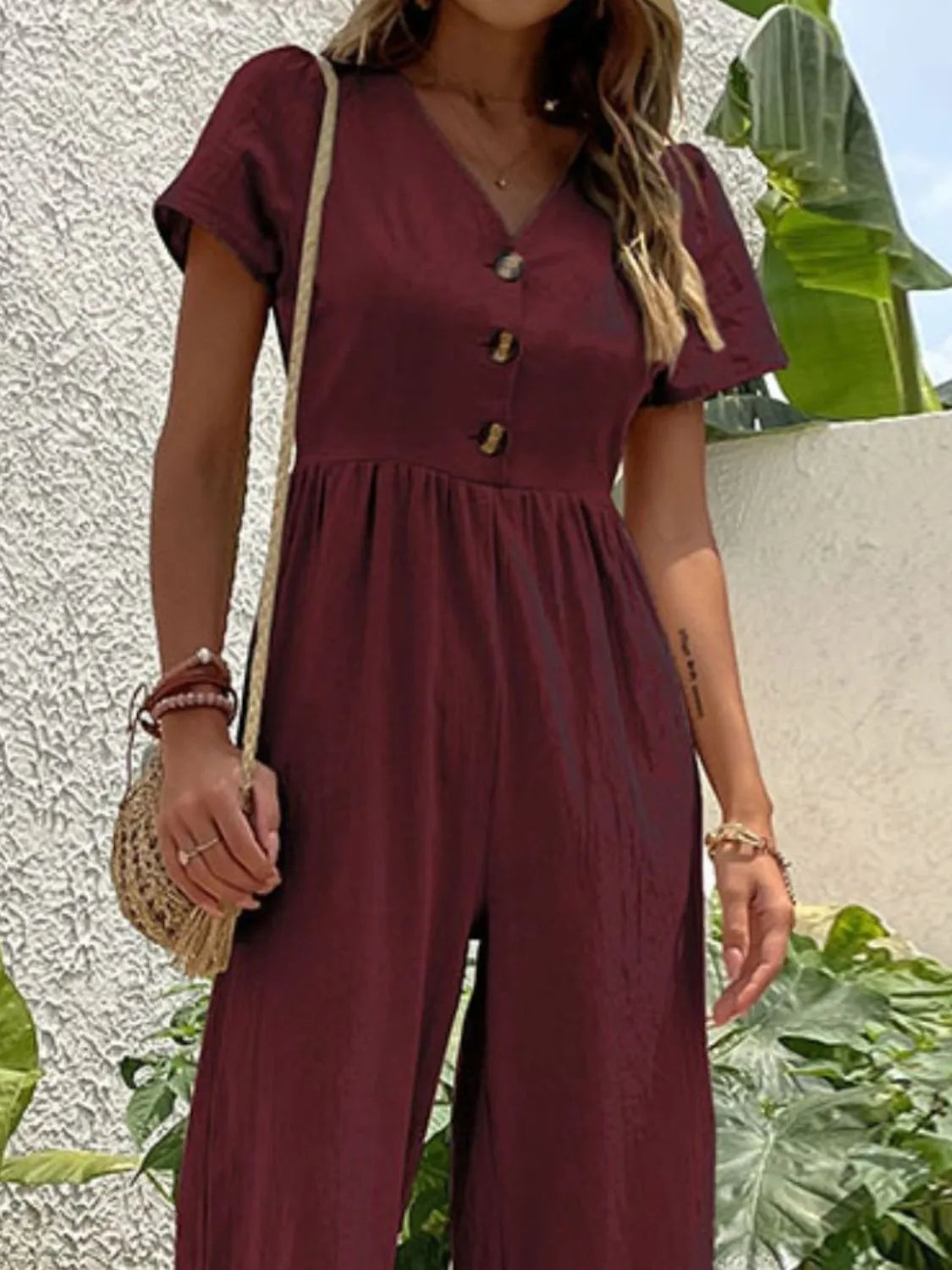 V-Neck Short Sleeve Wide Leg Jumpsuit - Roe Creation