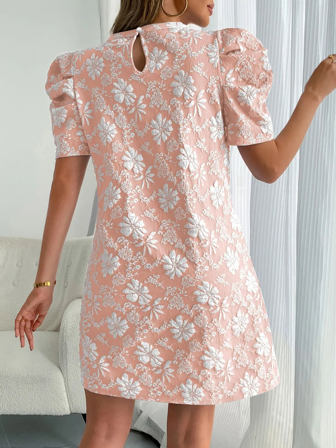 Round Neck Puff Short Sleeve Mini Dress - Roe Creation