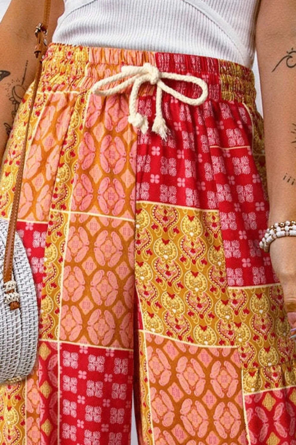 Full Size Drawstring Printed Wide Leg Pants - Roe Creation
