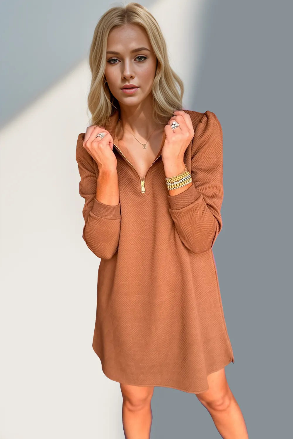 Double Take Textured Quarter Zip Long Sleeve Dress - Roe Creation