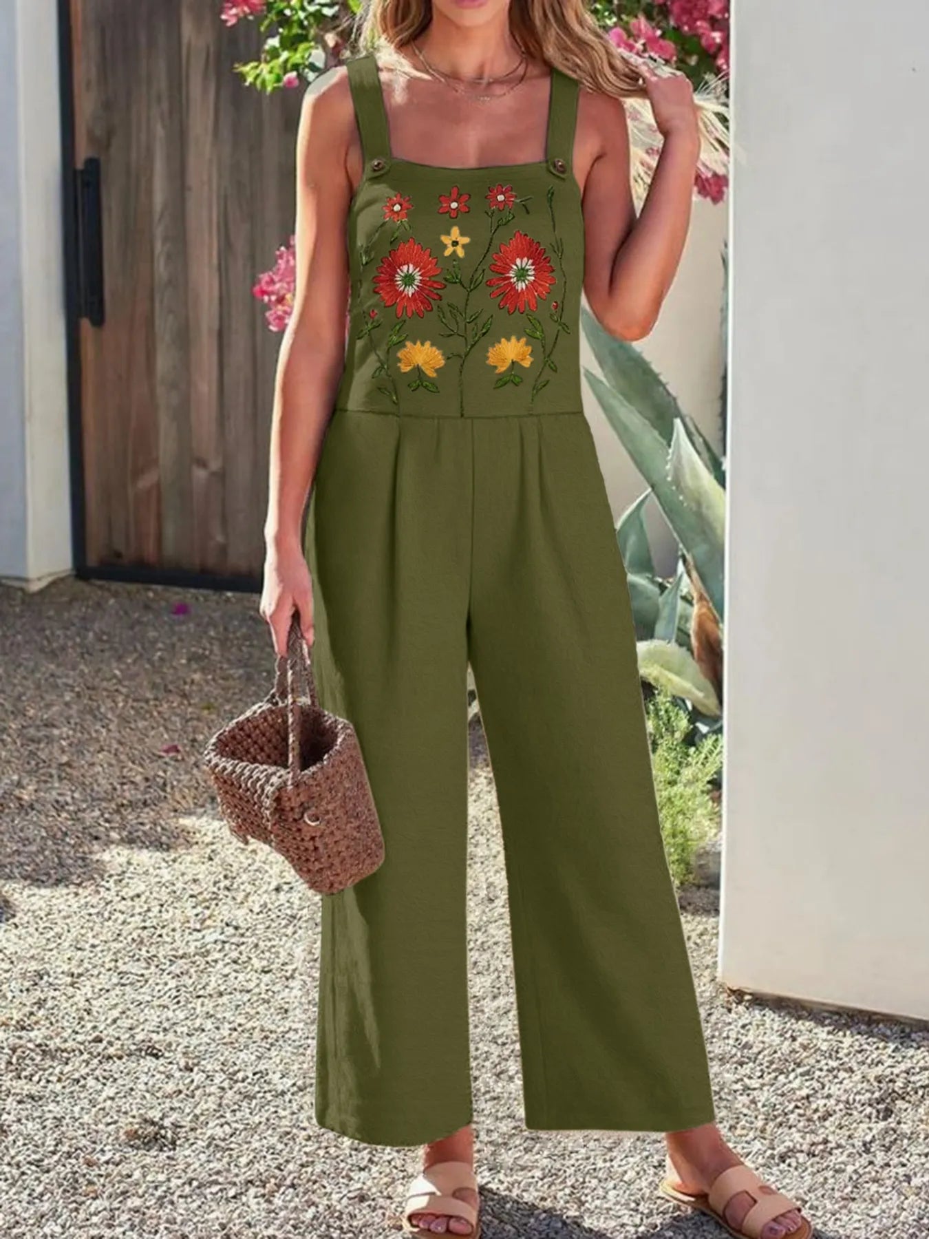 Floral Embroidered Wide Leg Jumpsuit - Roe Creation