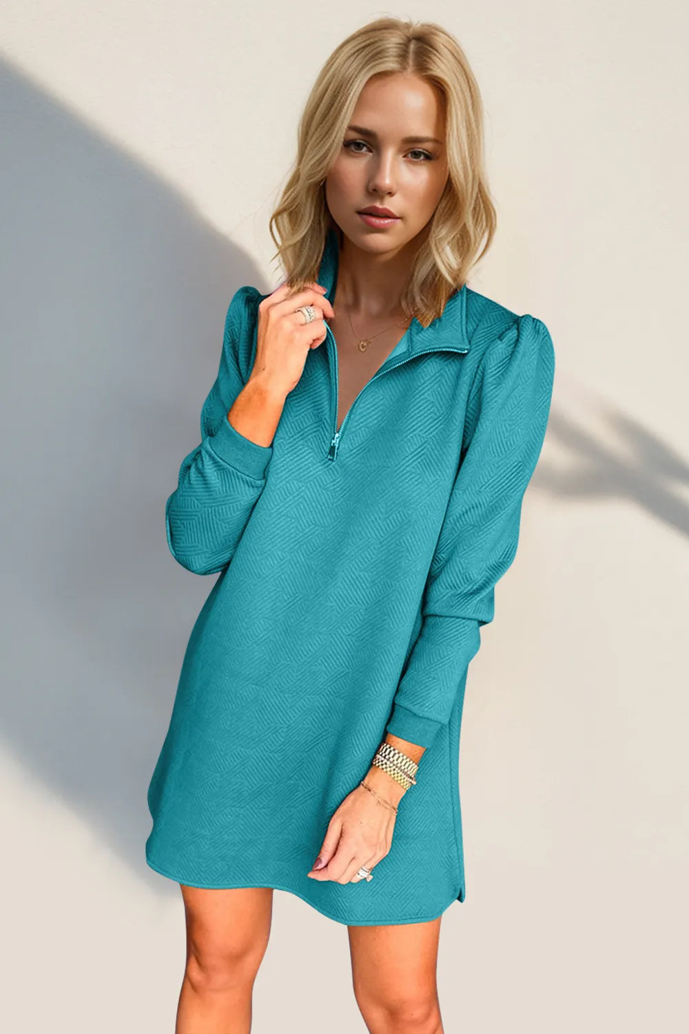 Double Take Textured Quarter Zip Long Sleeve Dress - Roe Creation