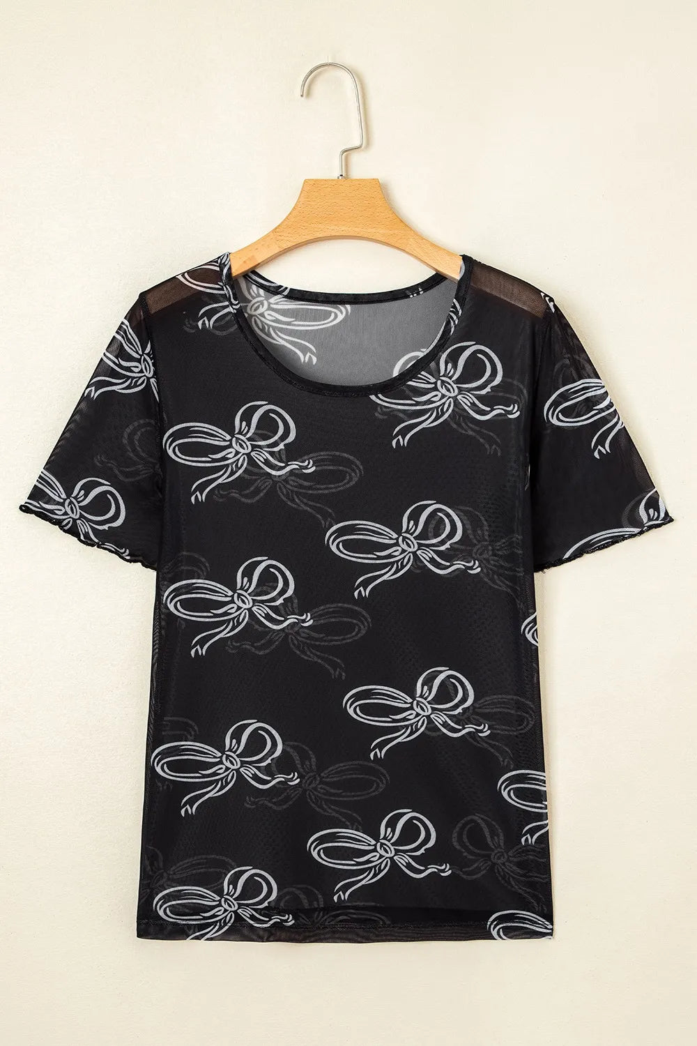 Bow Mesh Round Neck Short Sleeve T-Shirt - Roe Creation