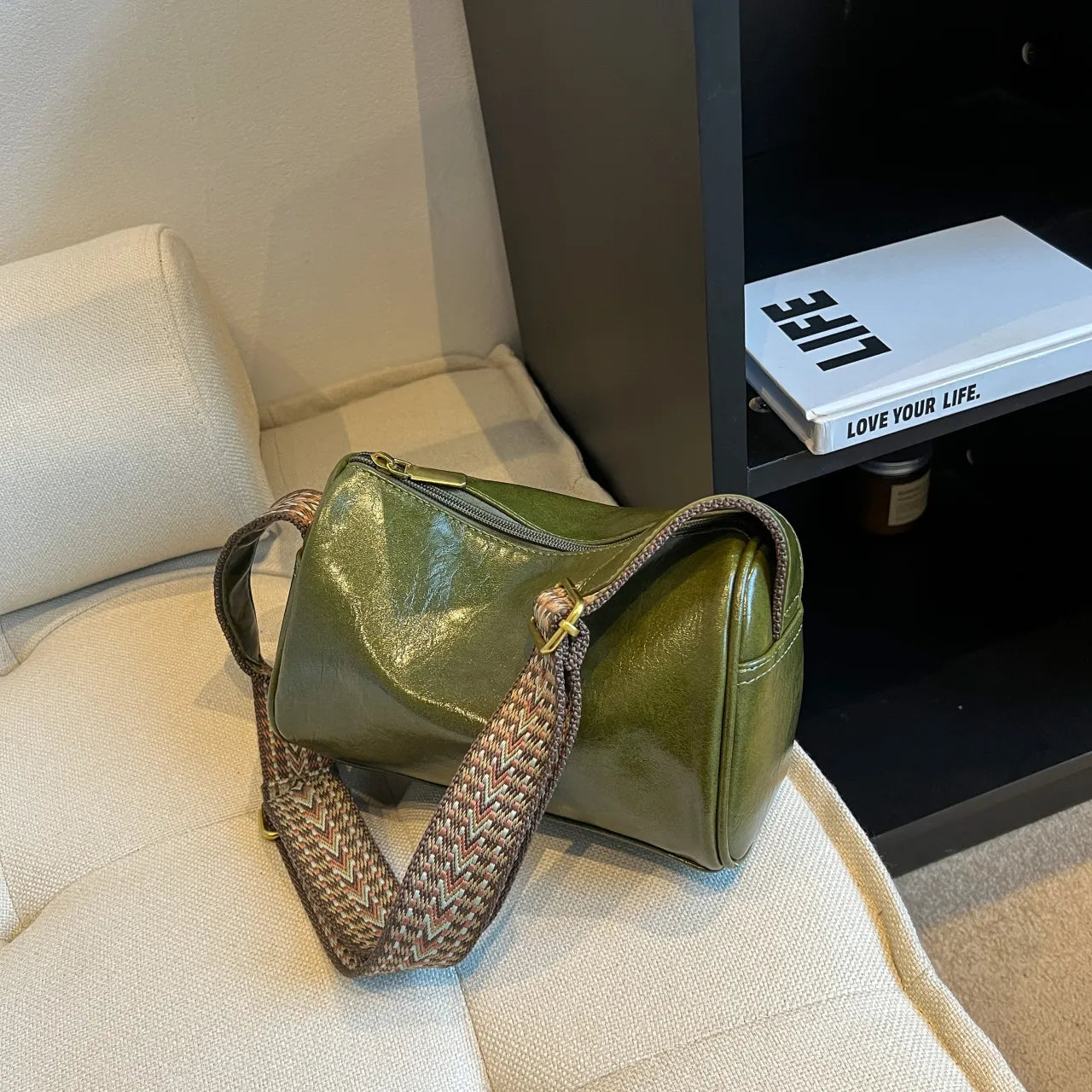 Leather Shoulder Bag with Woven Strap - Roe Creation