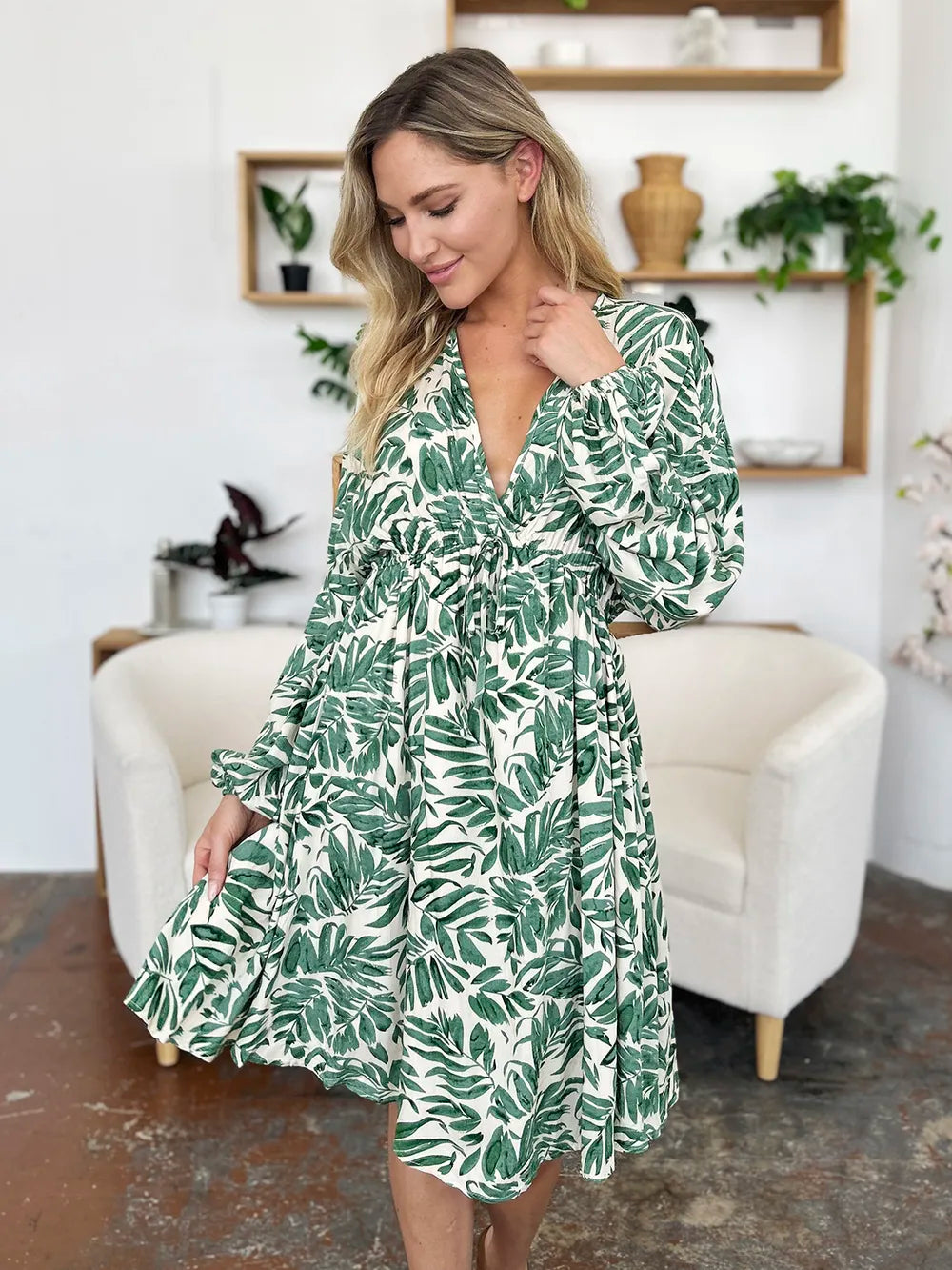 Double Take Full Size Printed Ruched Balloon Sleeve Dress - Roe Creation