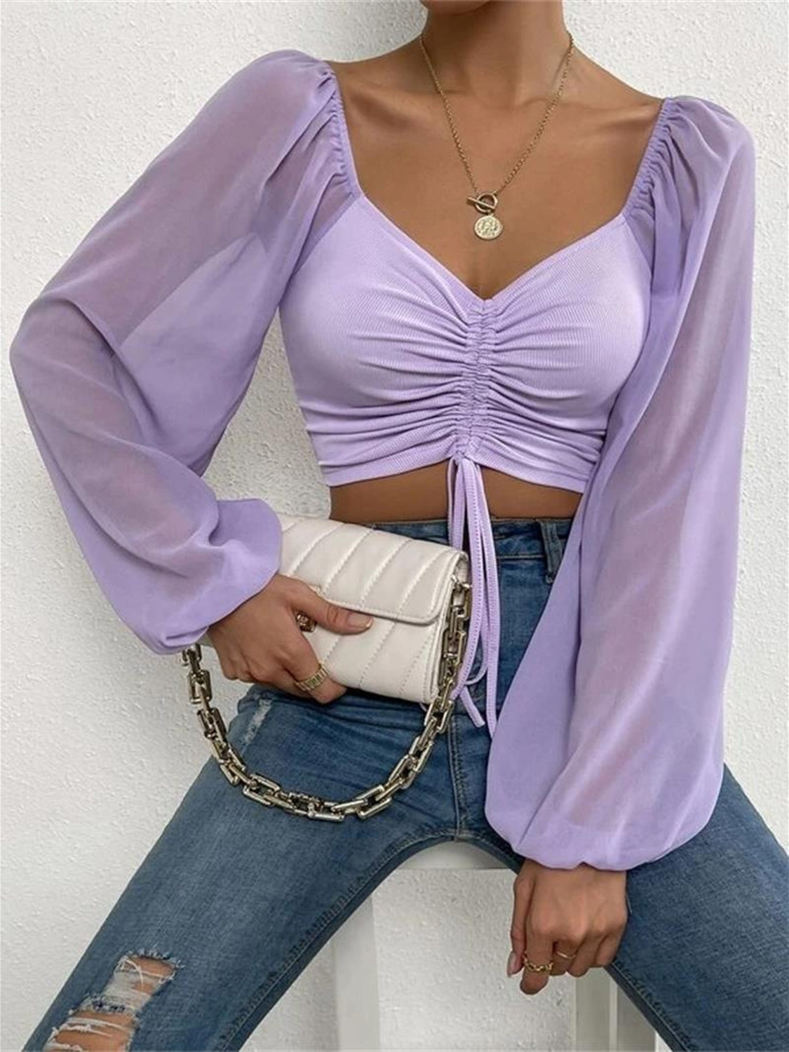 Sweetheart Neck Cropped Top with Drawstring – Trendy Summer Blouse for Women - Roe Creation