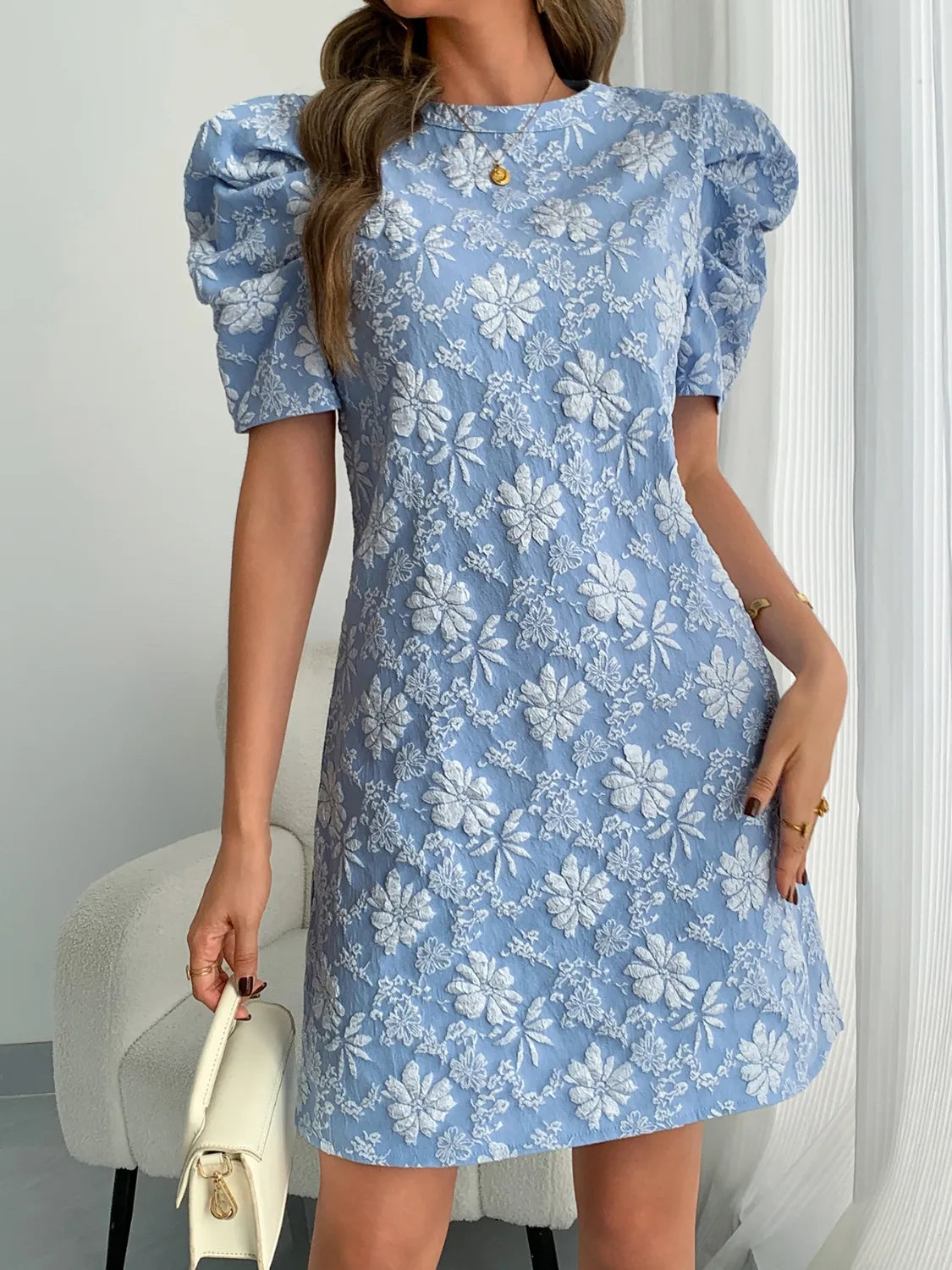 Round Neck Puff Short Sleeve Mini Dress - Roe Creation