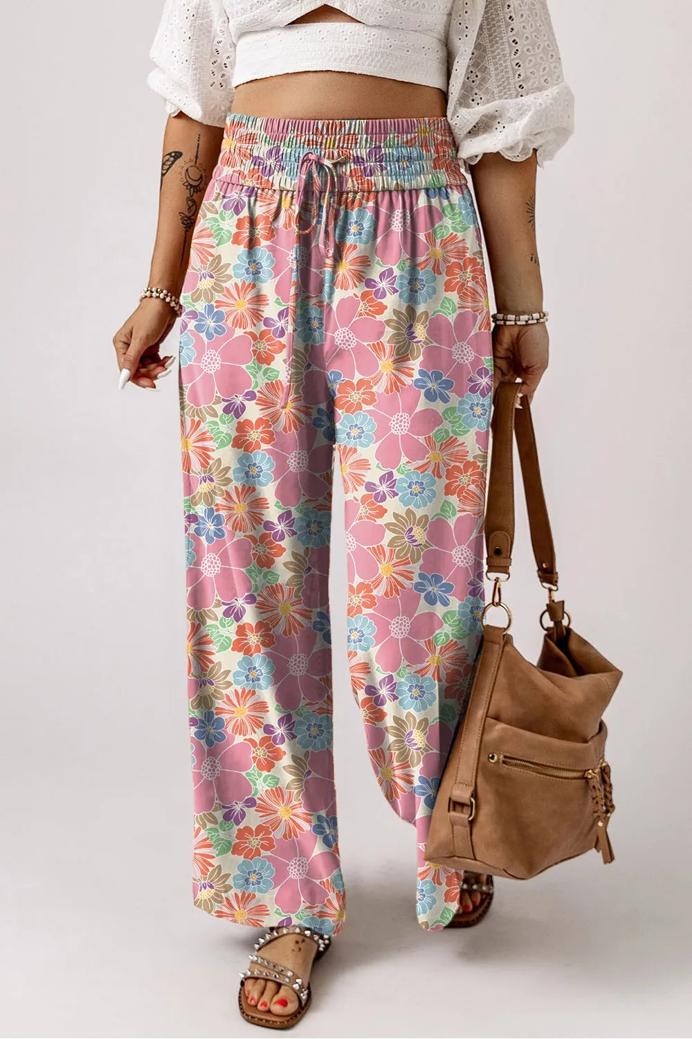 Drawstring High Waist Printed Wide leg Pants - Roe Creation