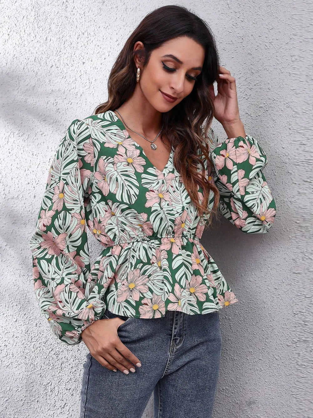 Floral V-Neck Peplum Blouse with Balloon Sleeves - Roe Creation