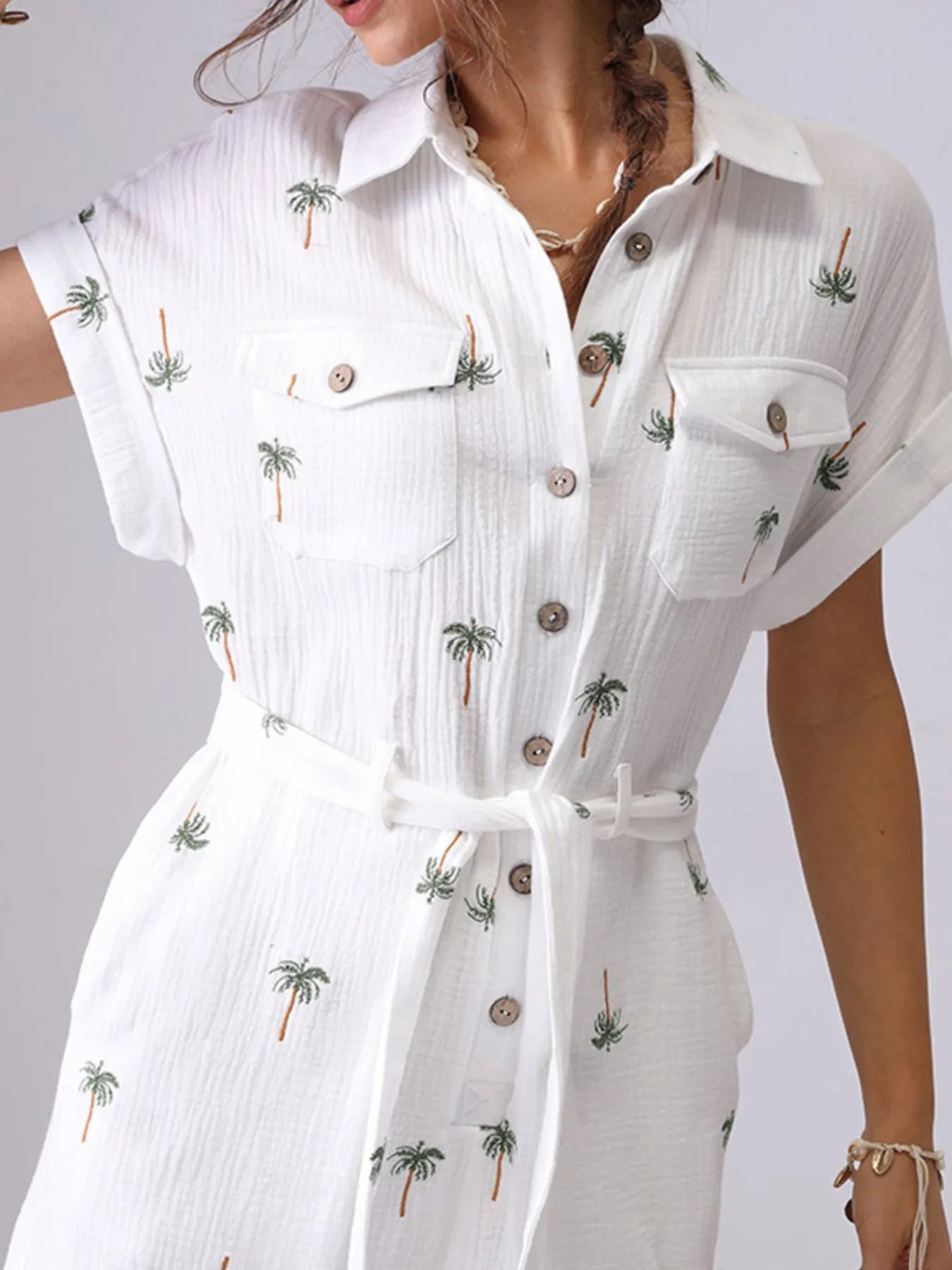 Palm Tree Print Short Sleeve Button-Up Romper with Belt - Roe Creation