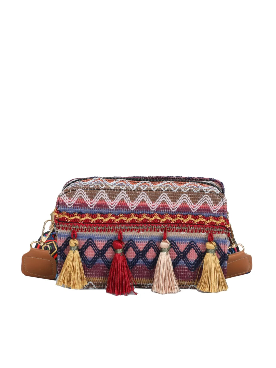Bohemian Tassel Trim Crossbody Bag with Ethnic Pattern - Roe Creation