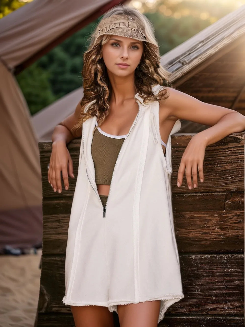 Half Zipped Hooded Sleeveless Romper - Roe Creation
