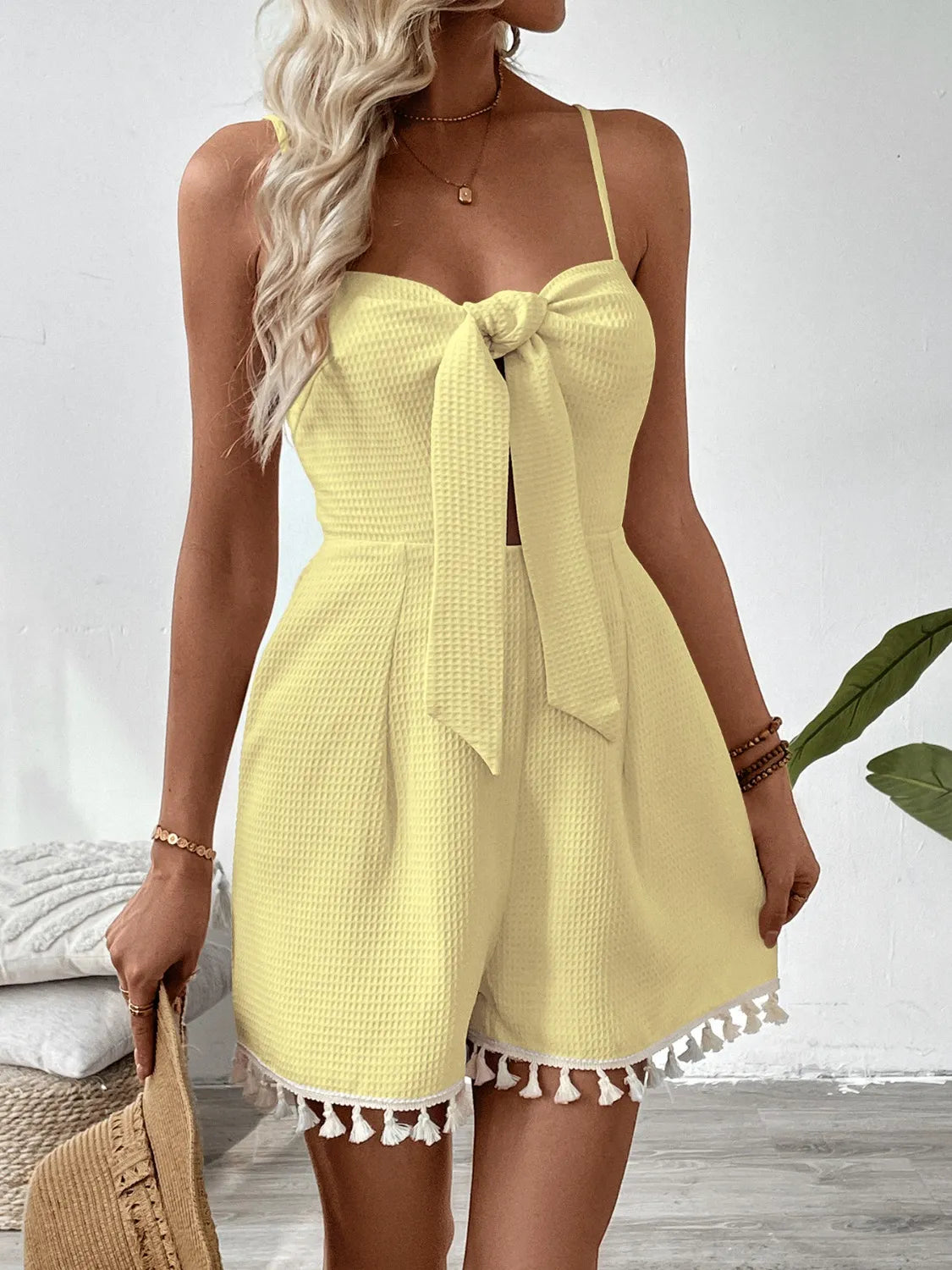 Tie-Front Textured Romper with Tassel Hem - Roe Creation