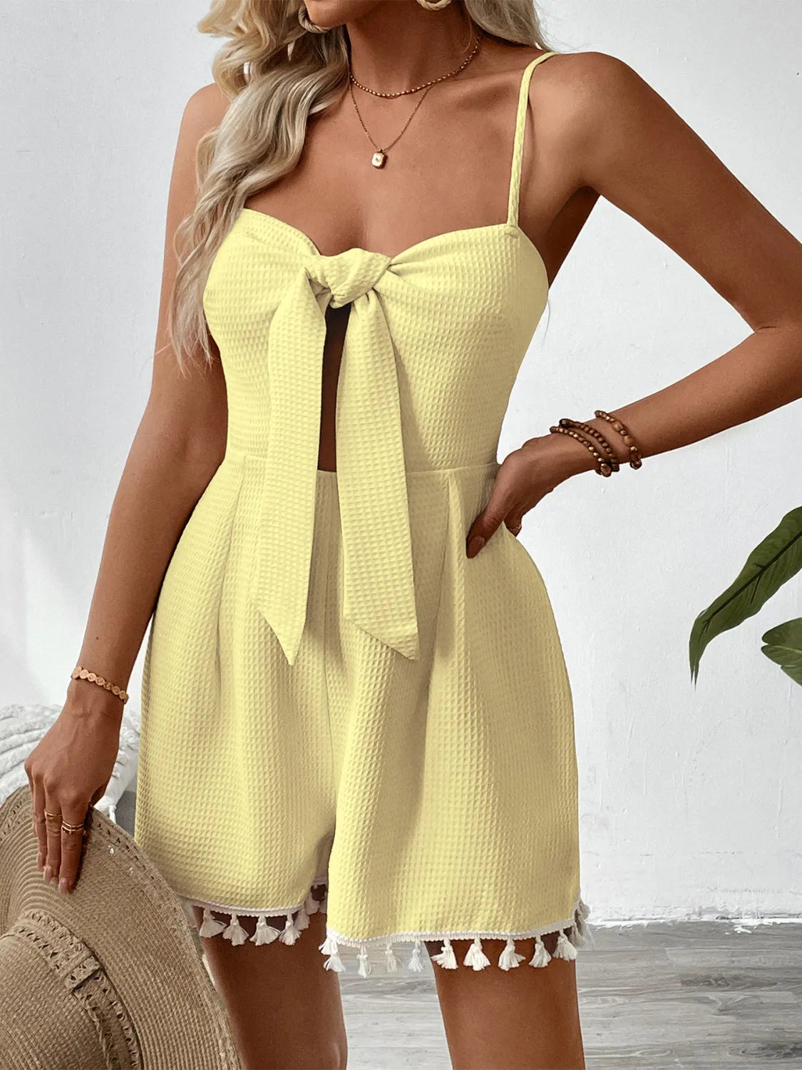 Tie-Front Textured Romper with Tassel Hem - Roe Creation
