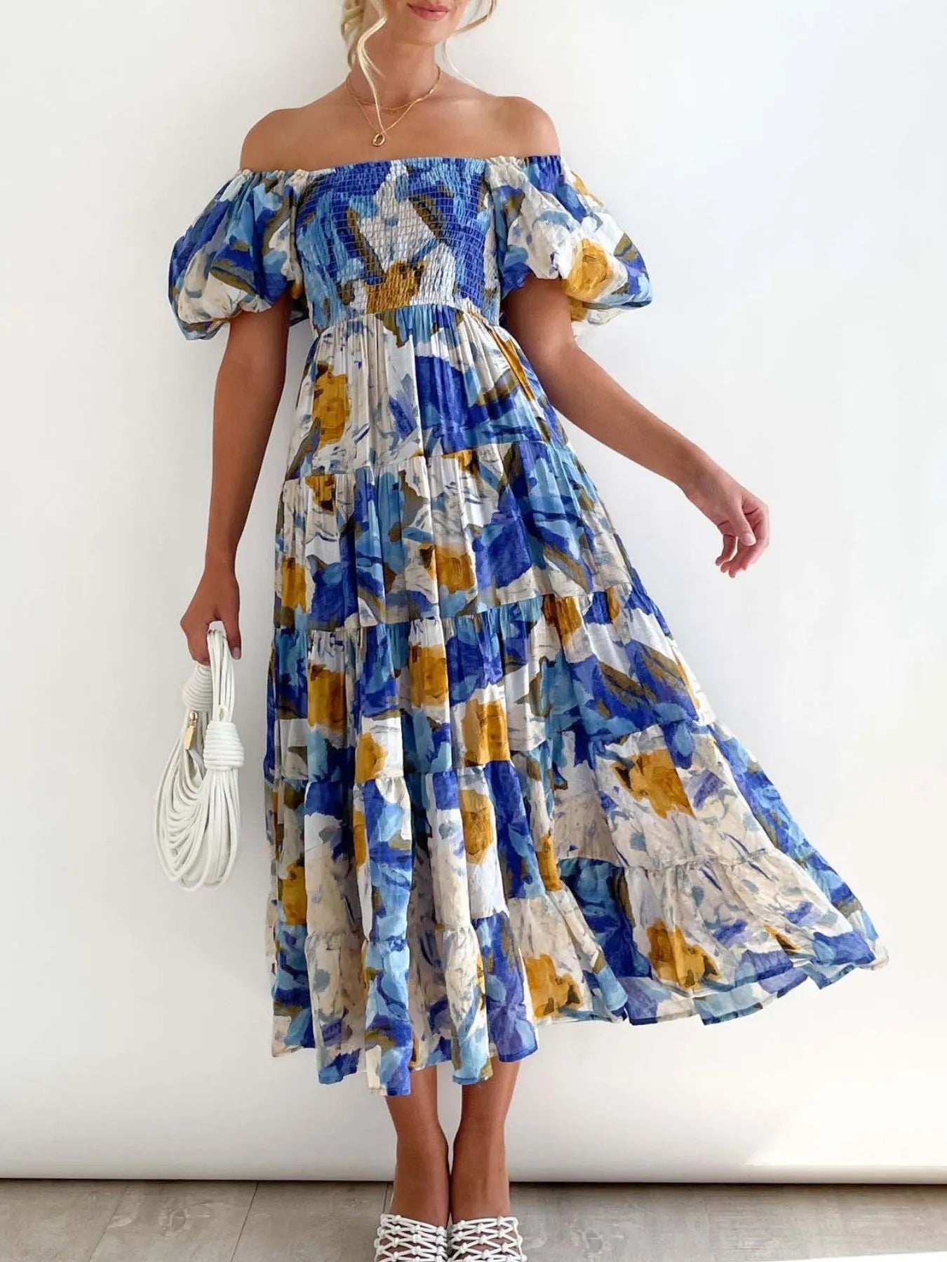 Floral Smocked Puff Sleeve Tiered Dress - Roe Creation