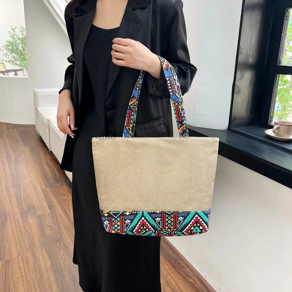 Medium Tote Bag with Ethnic Pattern Details - Roe Creation