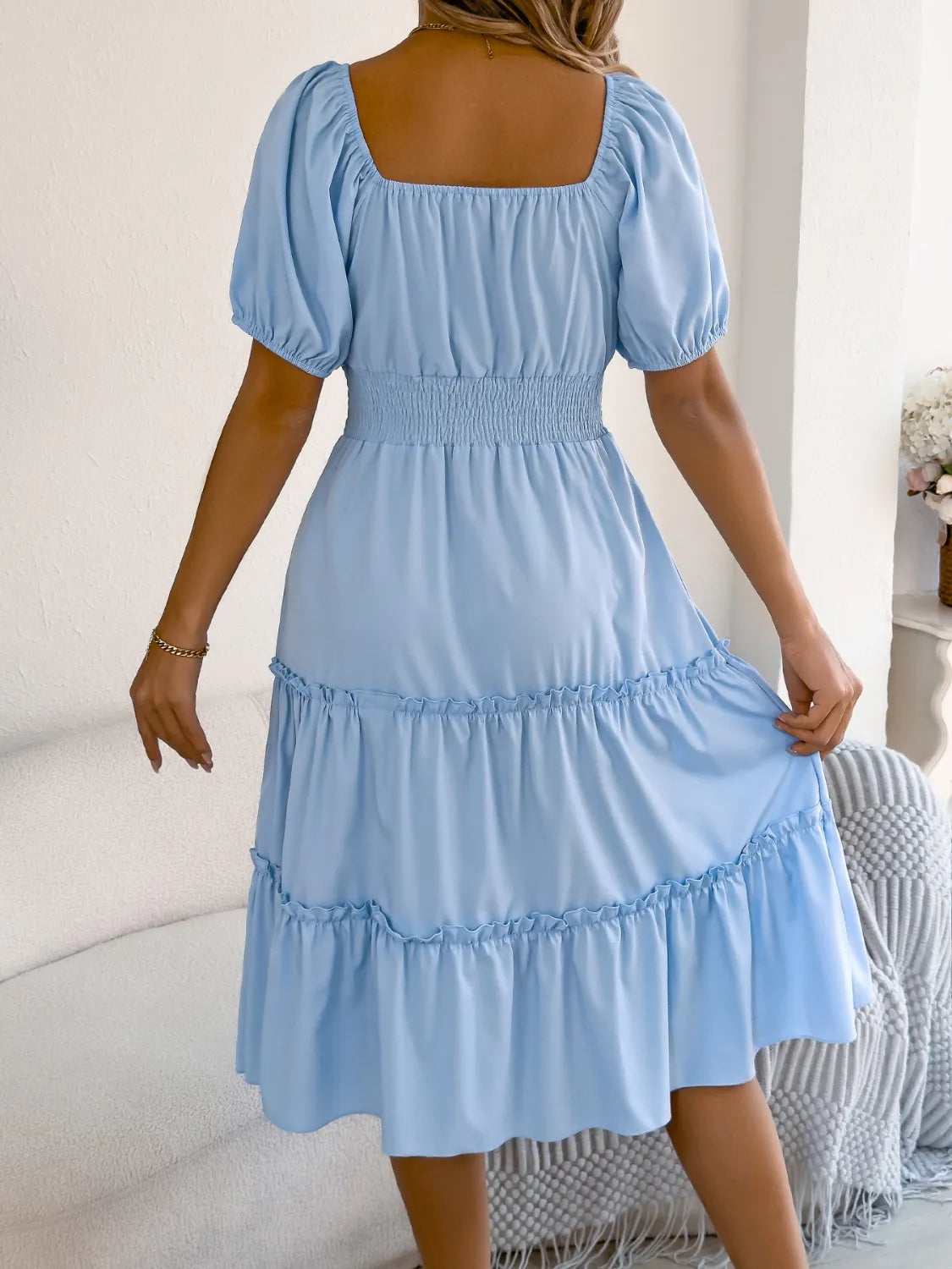 Square Neck Short Puff Sleeve Dress - Roe Creation