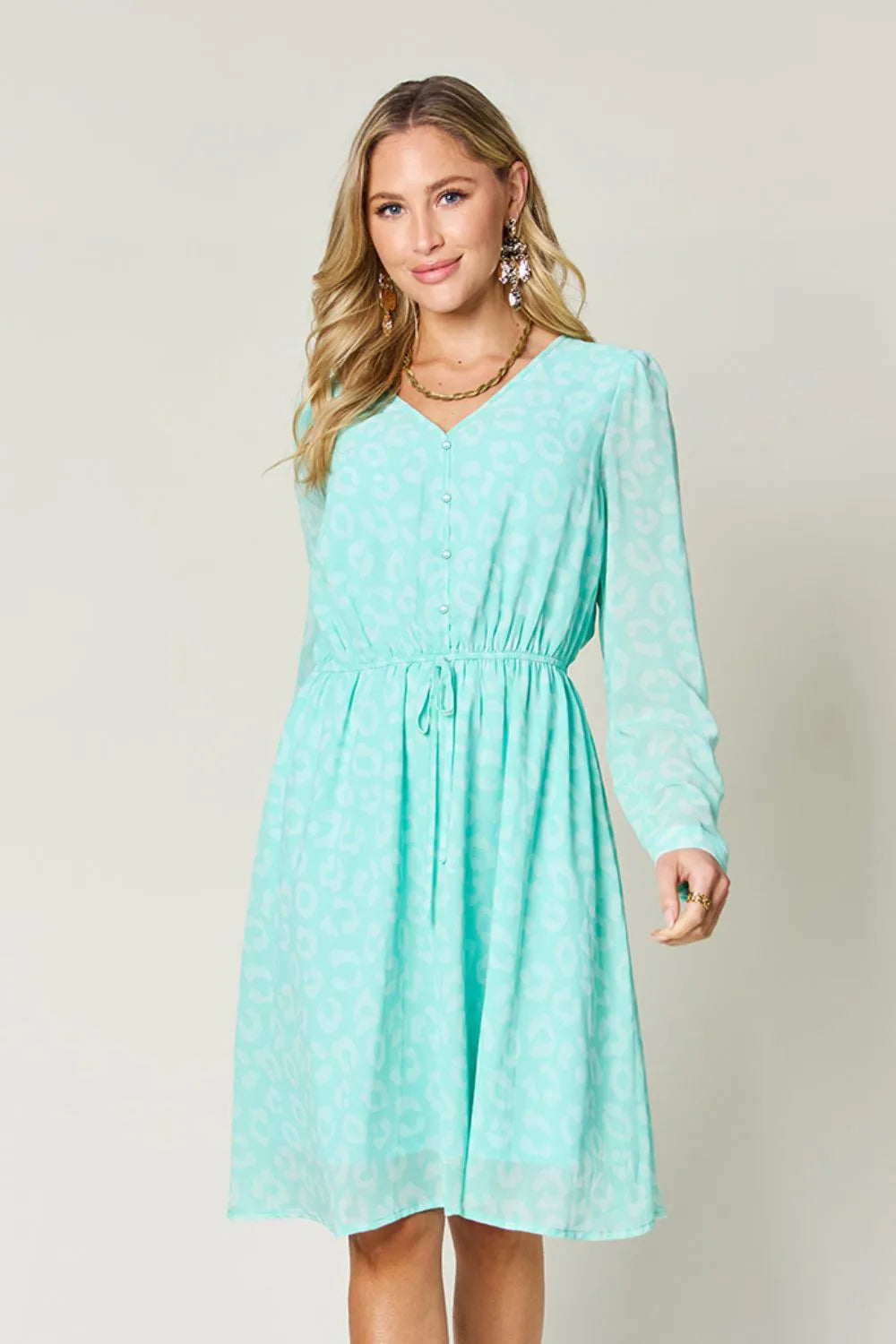 Double Take Full Size Printed Ruched V-Neck Long Sleeve Dress - Roe Creation
