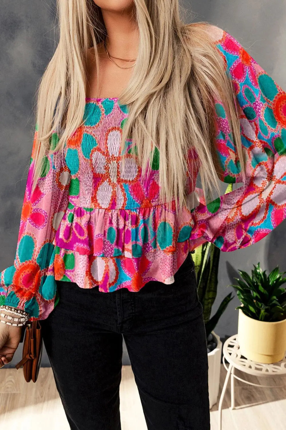 Floral Smocked Ruffled Balloon Sleeve Blouse - Roe Creation